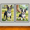 Watercolor-Style portraits of an adult Boston Terrier and a puppy both in park background scenes, unframed art prints. 
