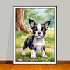 Watercolor-Style portrait of a Boston Terrier Puppy in a grassy outdoor setting, unframed art print.