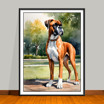 Watercolor-Style portrait of a Boxer Standing in a park setting with trees, unframed art print.