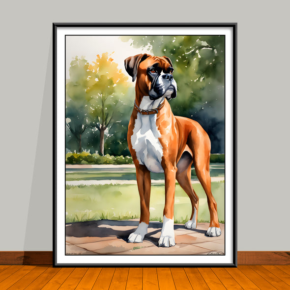 Watercolor-Style portrait of a Boxer Standing in a park setting with trees, unframed art print.