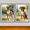 Watercolor-Style portraits, an adult Boxer and a puppy both in park background scenes, unframed art prints.