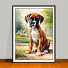 Watercolor-Style portrait of a Boxer Puppy in a grassy outdoor setting, unframed art print.