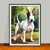 Watercolor-Style portrait of a Bull Terrier standing on a trail with tress in background, unframed art print.