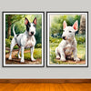 Watercolor-Style portraits, an adult Bull Terrier and a puppy both in park background scenes, unframed art prints.