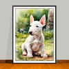 Watercolor-Style portrait of a Bull Terrier Puppy sitting outdoors in a grassy area, unframed art print.