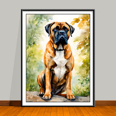 Watercolor-Style portrait of a Bullmastiff in a forest background, unframed art print.