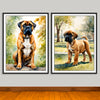 Watercolor-Style portraits, an adult Bullmastiff and a puppy both in park background scenes, unframed art prints.