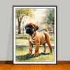 Watercolor-Style portrait of a Bullmastiff puppy standing in a park, unframed art print. 