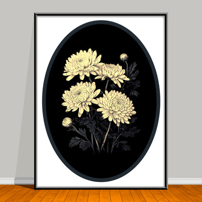 botanical artwork of yellow flowers on a black background