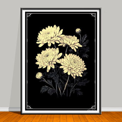 artwork of yellow flowers on a black background