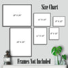 Size chart for wall art frames with dimensions displayed on a gray wall.