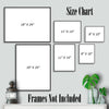 Size chart for wall art frames with dimensions displayed on a gray wall.