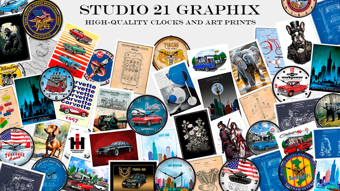 Collage of various clocks and art prints with 'Studio 21 Graphix' branding.