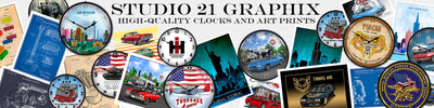 Promotional banner for Studio 21 Graphix featuring various clock designs and art prints.