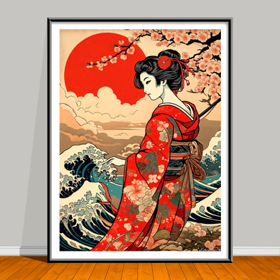 artwork of a ukiyo-e geisha in a red kimono with cherry blossoms and a red sun.