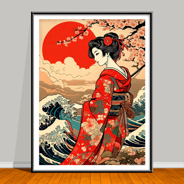 artwork of a ukiyo-e geisha in a red kimono with cherry blossoms and a red sun.