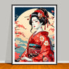 artwork of a ukiyo-e geisha in a red kimono with cherry blossoms and a blue sky.