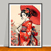 artwork of a ukiyo-e geisha holding a red umbrella with cherry blossoms in the background.