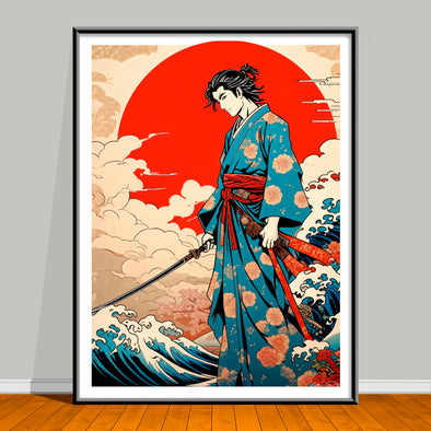 Framed artwork of a warrior in a kimono with a red sun and waves in the background.