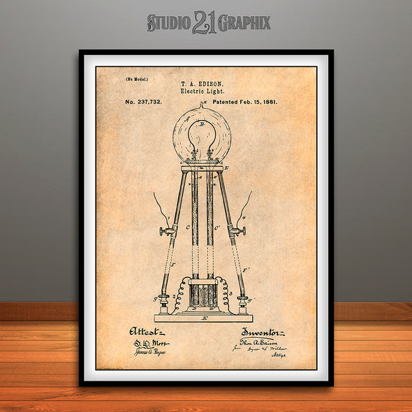 1881 Edison Bulb Patent Print Antique Paper