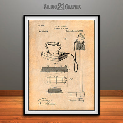 1882 Electric Flat Iron Patent Print Antique Paper