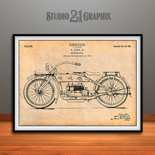 1919 Harley Davidson Motorcycle Patent Print Antique Paper