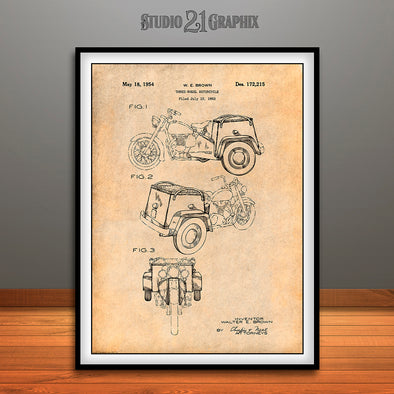 1952 Three Wheel Motorcycle Patent Print Antique Paper