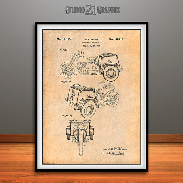 1952 Three Wheel Motorcycle Patent Print Antique Paper