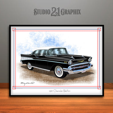 1957 Chevrolet BelAir Muscle Car Art Print Black with White Top by Rudy Edwards
