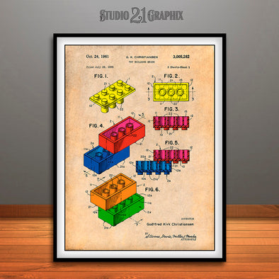 1961 Toy Building Blocks Colorized Patent Print Antique Paper