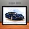 C7 Chevrolet Corvette Muscle Car Art Print, Dark Blue