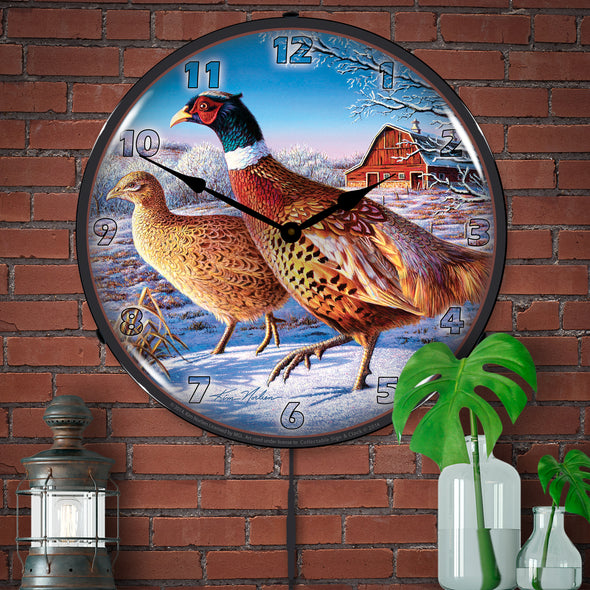 Frosty Morning Ringnecks Pheasants Wildlife LED Clock