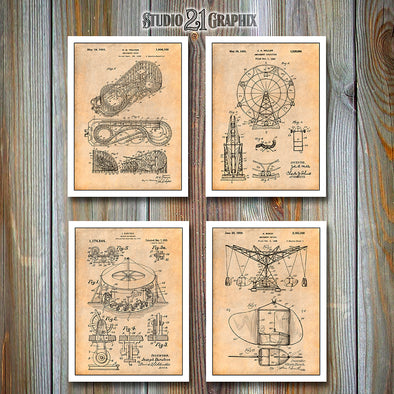 Amusement Ride Set of 4 Patent Prints Antique Paper