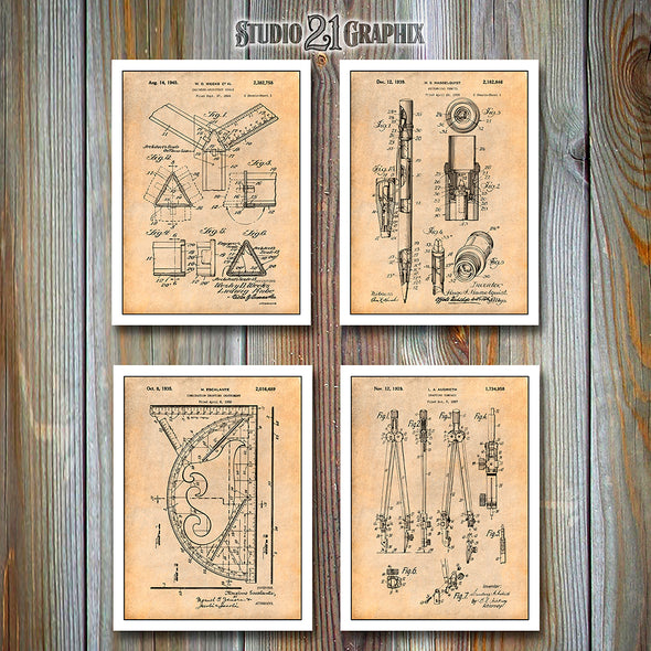Architect Tools Patent Prints Set of 4 Antique Paper