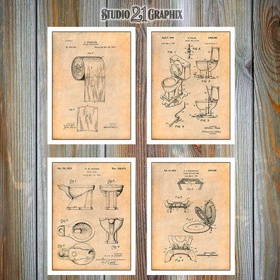 Toilet Inventions Set of 4 Patent Prints Antique Paper