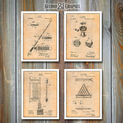Billiards Set Of 4 Patent Prints Antique Paper