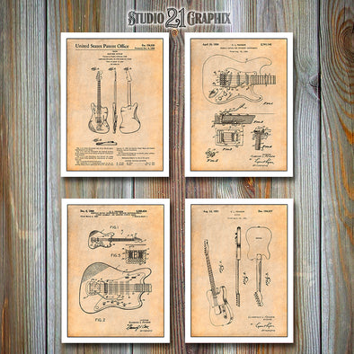Fender Guitar Set of 4 Patent Prints Antique Paper