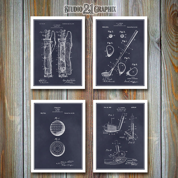 Golf Set of 4 Patent Prints Blackboard