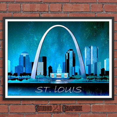 St Louis at Night, Missouri Skyline Watercolor Art Print