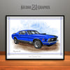 1970 Ford Mustang Mach 1 Muscle Car Art Print, Blue
