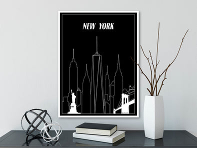 New York City Minimalism White on Black Skyline Watercolor Art Print