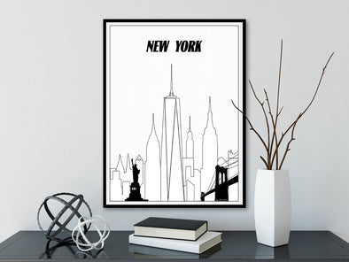 New York City Minimalism Black on White Skyline Watercolor Art Print