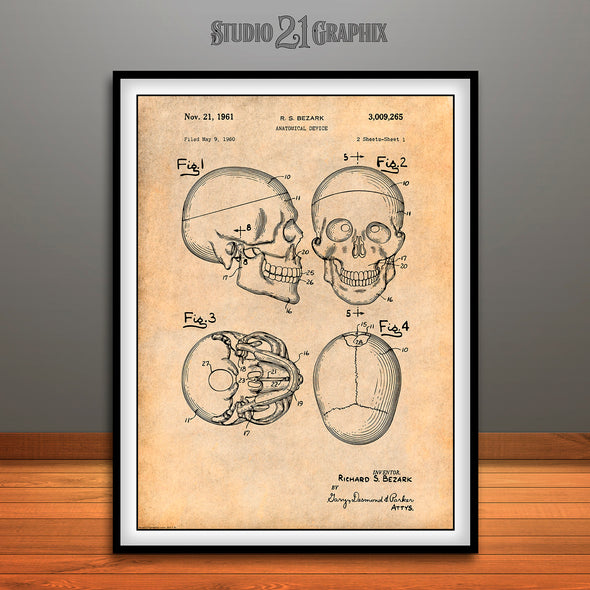 1960 Anatomical Skull Patent Print Antique Paper