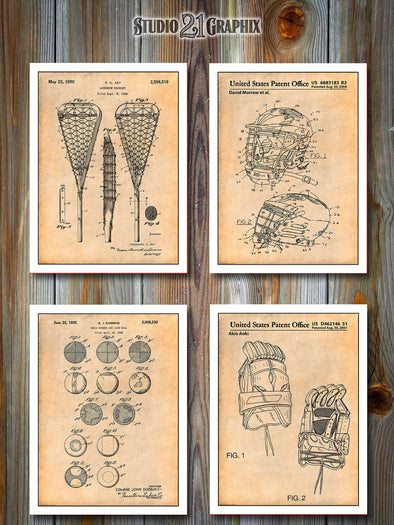 Lacrosse Set of 4 Patent Prints Antique Paper