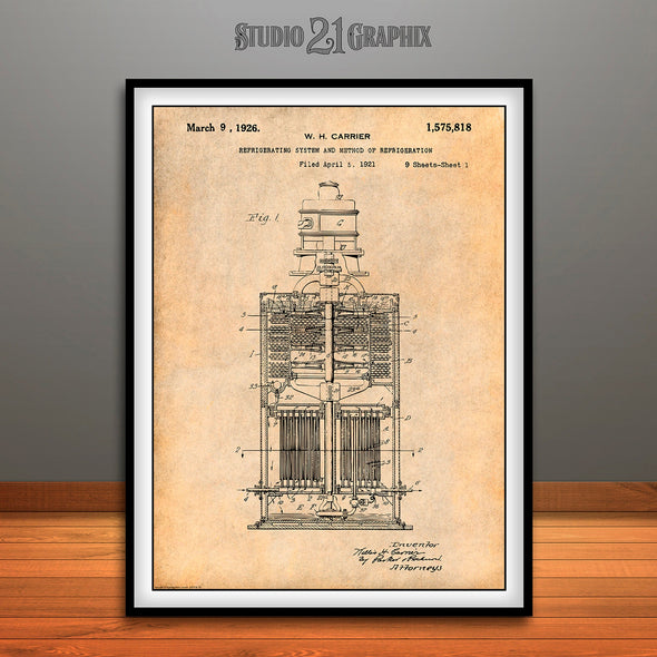 1921 Carrier Refrigerating System Patent Print Antique Paper