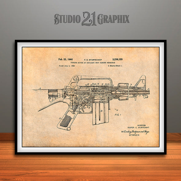 1966 AR15 Assault Rifle M-16 Patent Print Antique Paper