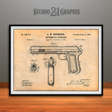 1902 Colt Automatic Pistol Patent Print Antique Paper
