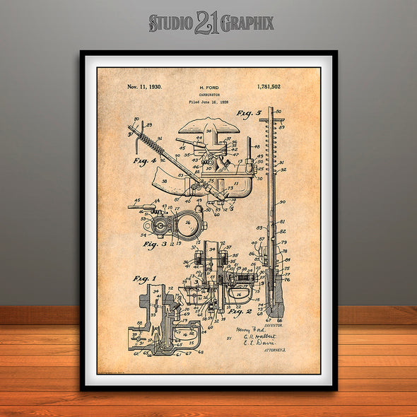 1928 Henry Ford Carburetor Patent Print Antique Paper