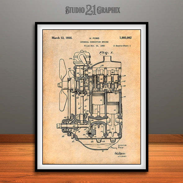 1932 Henry Ford Engine Patent Print Antique Paper