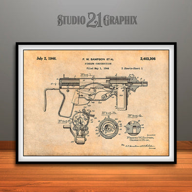 1944 M3 Submachine Gun Patent Print Antique Paper
